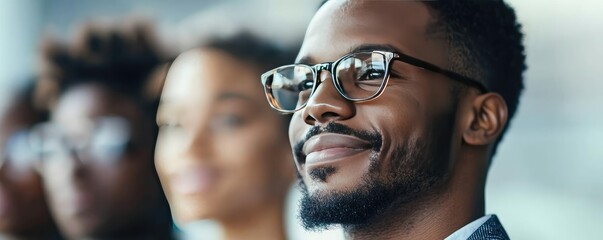 Obraz premium African American pride concept. A thoughtful man in glasses, reflecting on ideas with a focused expression.