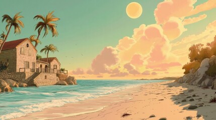 Obraz premium A beach scene with a house in the background. The sky is pink and the sun is setting