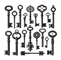 Old keys set Silhouette vector illustration