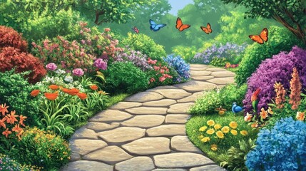 A colorful garden path with a stone walkway and a variety of flowers. Butterflies and birds are flying around the garden