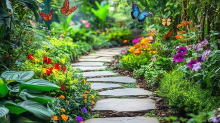 A path with a stone walkway and a garden full of flowers. There are many butterflies flying around the garden