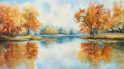 Fototapeta premium A painting of a river with trees on either side. The trees are orange and the water is blue. The painting has a peaceful and serene mood