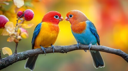 Obraz premium Two Vibrant Birds Forming a Heart Silhouette on Autumn Branch