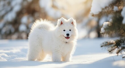 Obraz premium Fluffy samoyed puppy exploring a snowy winter landscape