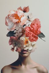 A woman from shoulders up, her face adorned with exquisite flowers