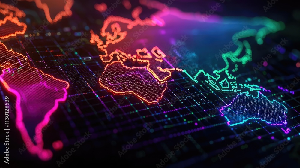 Poster map atlas idea. vibrant digital world map with neon colors showcasing global connectivity.