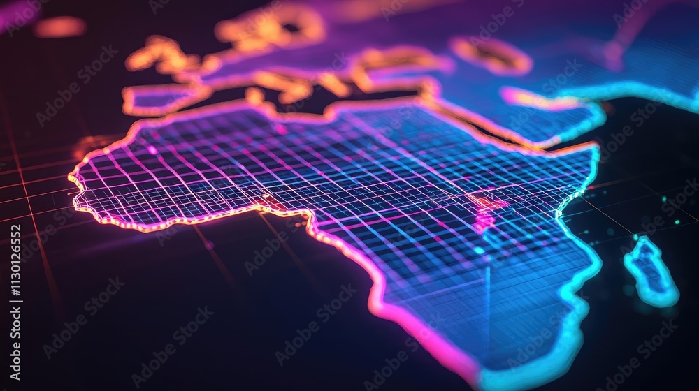 Poster map atlas idea. vibrant digital map of africa showcasing technology and innovation in a futuristic s