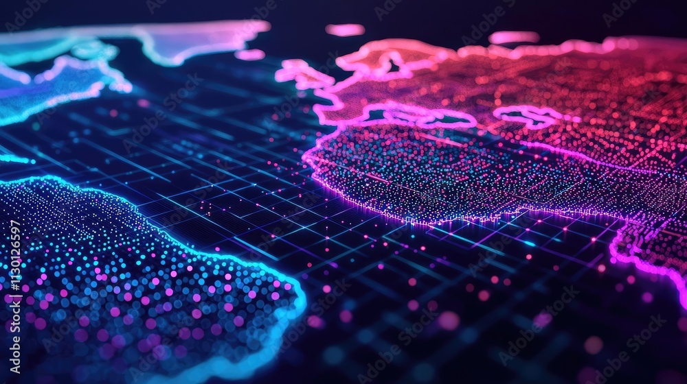 Aufkleber Map atlas idea. A vibrant digital map showcasing interconnected global networks and data flow.