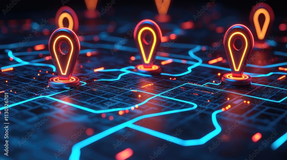 Poster Map atlas idea. Futuristic digital map with glowing location pins and neon network lines.