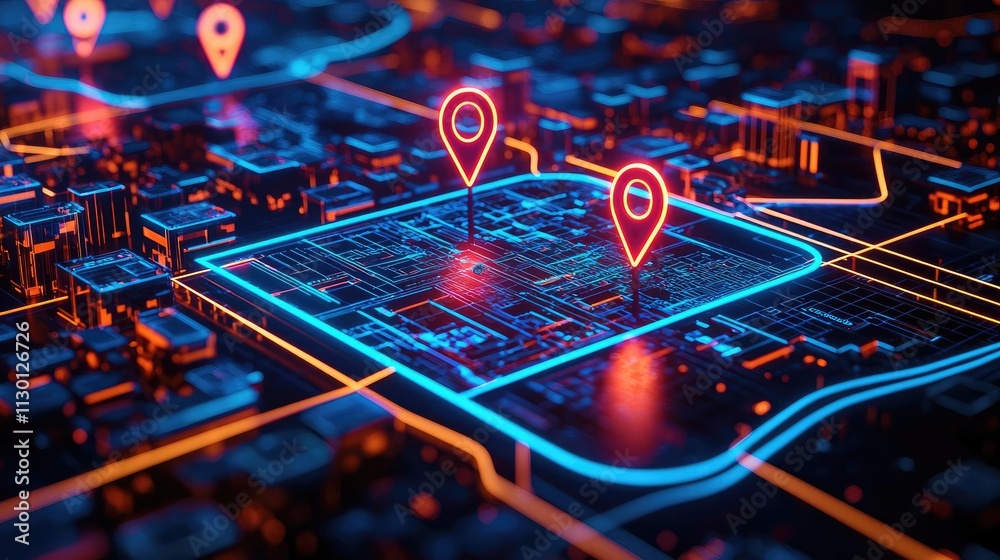 Poster map atlas idea. a digital map with glowing pins, showcasing modern navigation and urban planning.