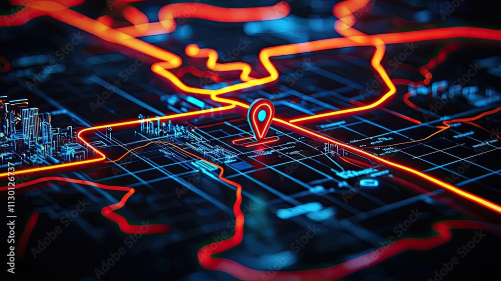 Poster Map atlas idea. Detailed digital map with glowing lines and location pin for navigation.