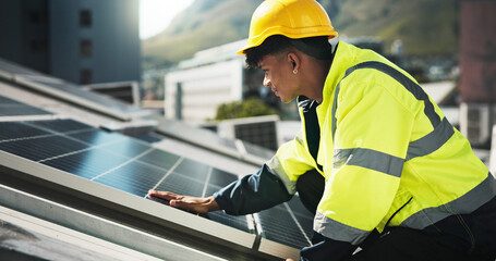 Solar panels, cell and install with man in city for photovoltaic grid, technician and engineer....
