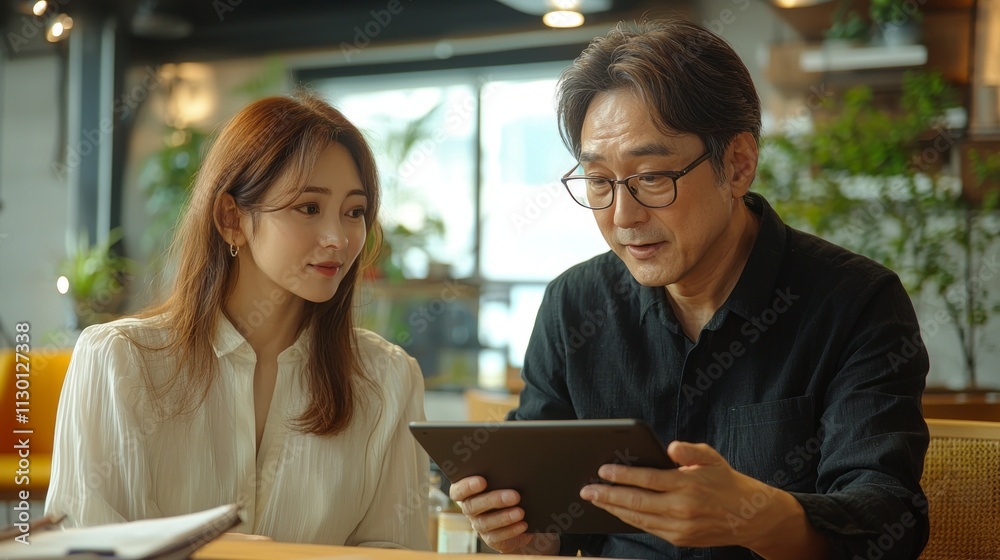 Aufkleber Two business professionals engage in a thoughtful conversation while reviewing a digital presentation on a tablet in a stylish office filled with greenery