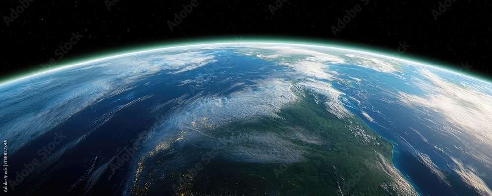 Poster map atlas idea. dramatic view of earth from space showcasing clouds and land in vibrant colors.