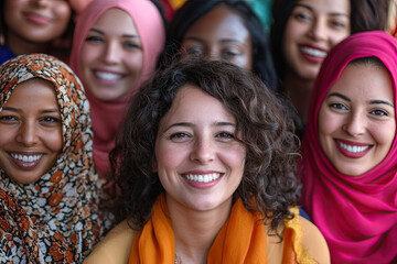 Obraz premium Portrait of a diverse group of women smiling together, symbolizing unity and empowerment
