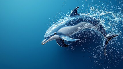Obraz premium Cartoon Dolphin Leaping Joyfully Out of Bright Blue Waters on Isolated Background