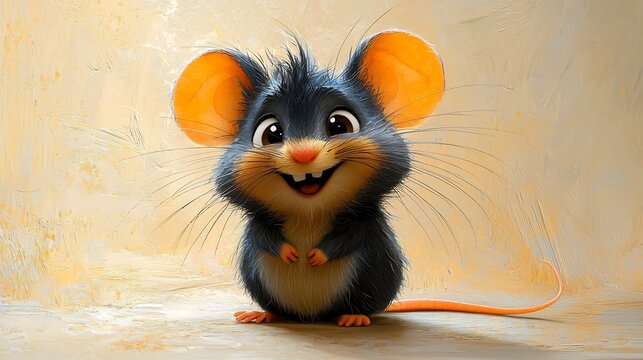 Sneaky Cartoon Mouse Tiptoes with Devious Grin on Isolated Light Beige Background