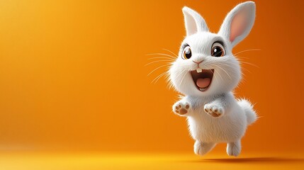 Joyful Cartoon Rabbit Jumping in Air on Bright Orange Background
