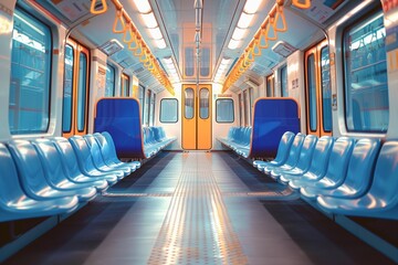 Fototapeta premium Empty seats on a brightly lit train