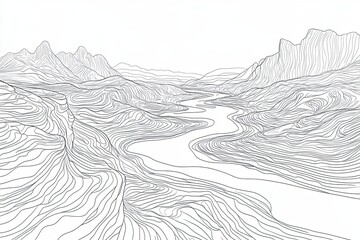 Fototapeta premium Abstract Line Drawing of Mountains and River Valley