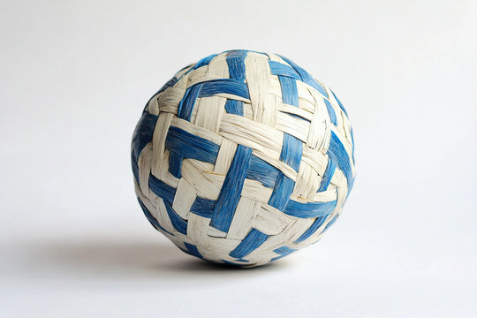 White and blue sepak takraw ball with interwoven patterns on a white background