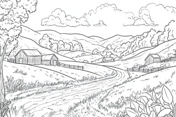 Fototapeta premium Rural Landscape Featuring Barns and Rolling Hills