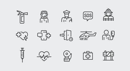 Fototapeta premium Emergency Services icons. Set of 15 modern minimalist icons dedicated to various emergency situations and responses. Includes symbols for first responders and safety equipment. Vector illustration.
