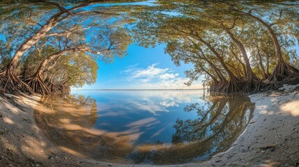 Obraz premium A wide-angle view of the mangrove forest at low tide, with its intricate roots system in full view. Reflection of trees in the water background wallpaper AI generated image