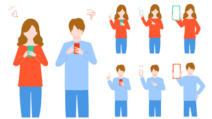 Fototapeta premium Set of illustrations of young men and women operating smartphones.