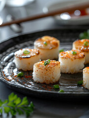 Gourmet Aoyagi Nigiri sushi with seared clams on a dark noble plate