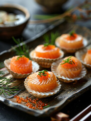 Gourmet Aoyagi sashimi with clams and roe on a noble dark plate