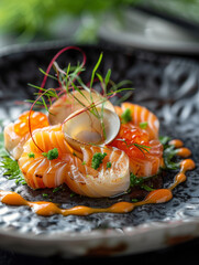 Aoyagi sashimi with round clams and roe on a dark elegant plate
