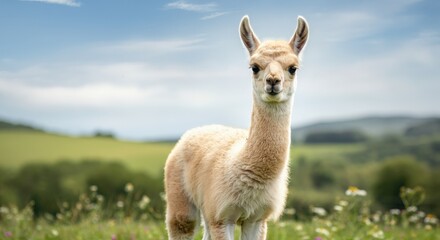 Obraz premium Charming young alpaca in verdant countryside landscape for nature and animal themes