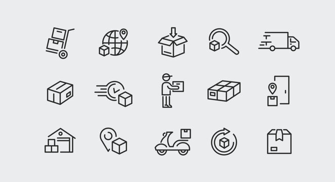 Delivery Services icons. Set of 15 Delivery trendy minimal icons featuring concepts such as worldwide shipping, package tracking, express mail, and secure transportation. Vector illustration 