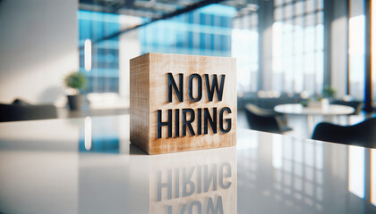 Now Hiring wooden cube sign in open office with cityscape views, business job application and recruitment theme