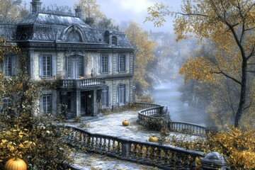 Fototapeta premium A majestic, vintage mansion surrounded by autumn foliage, featuring a serene river and decorative pumpkins, evoking a sense of nostalgia.