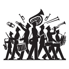 Marching band playing instruments Silhouette vector illustration