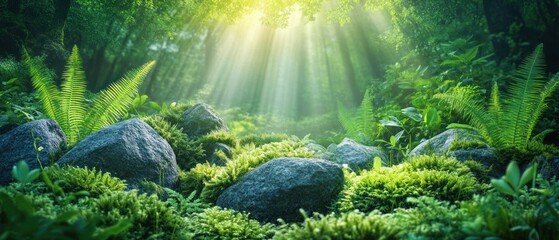 Fototapeta premium Sunny forest scene with bright green grass growing between large mossy rocks background wallpaper AI generated image