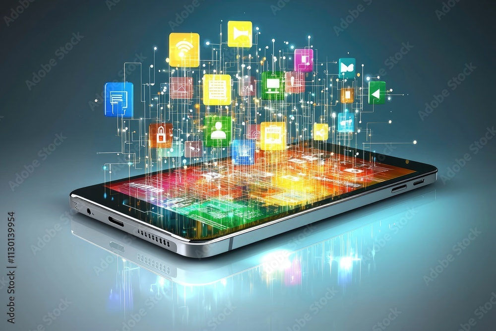 Poster smartphone displaying interconnected colorful app icons and network connections