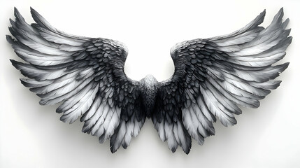 Obraz premium Majestic Wings: Gray Feather Detail, Avian Flight, Symbolic Freedom, Art, Sculpture, Dreamlike, Powerful, Black and White, Fantasy, Graceful, Elegant, Gothic