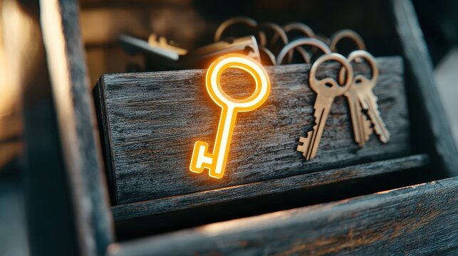 Wooden Drawer with Vintage Keys and Glowing Key Symbol Concept