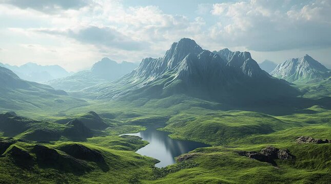 Serene river valley surrounded by rocky mountains with natural scenic beauty
Seamless looping 4k time-lapse virtual video animation Generated AI