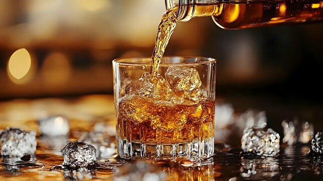 Pouring Whiskey: Ice Cubes, Golden Drink, Refreshing