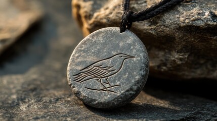 Engraved bird pendant on dark stone.