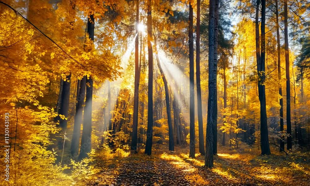 Wall mural sunlight filtering through dense autumn forest, illuminating golden leaves and tall trees