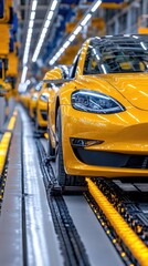 Obraz premium Yellow Sports Cars on Assembly Line in Modern Automotive Factory with Bright Lighting and High-Tech Machinery