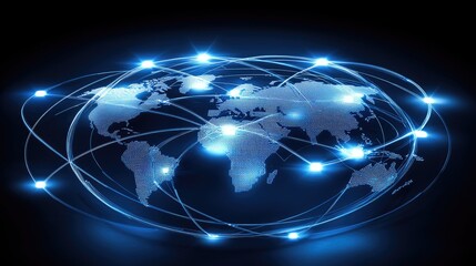 Obraz premium Global Network: Illuminated World Map with Interconnected Data Streams