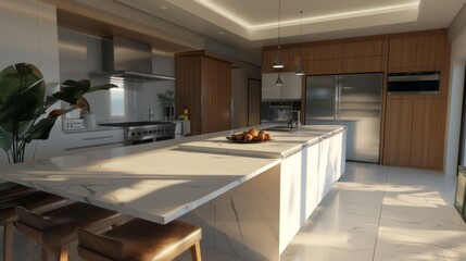 A sleek kitchen featuring white cabinets, quartz countertops
