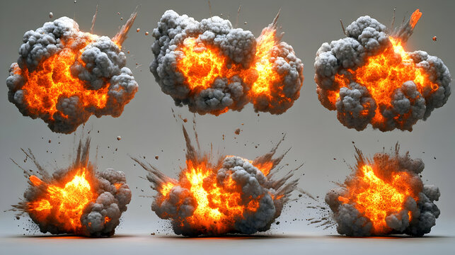 Fiery Explosions: Smoke, Fire, Debris Burst
