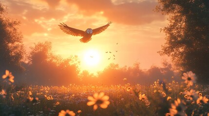 Fototapeta premium Owl flying over sunset meadow.
